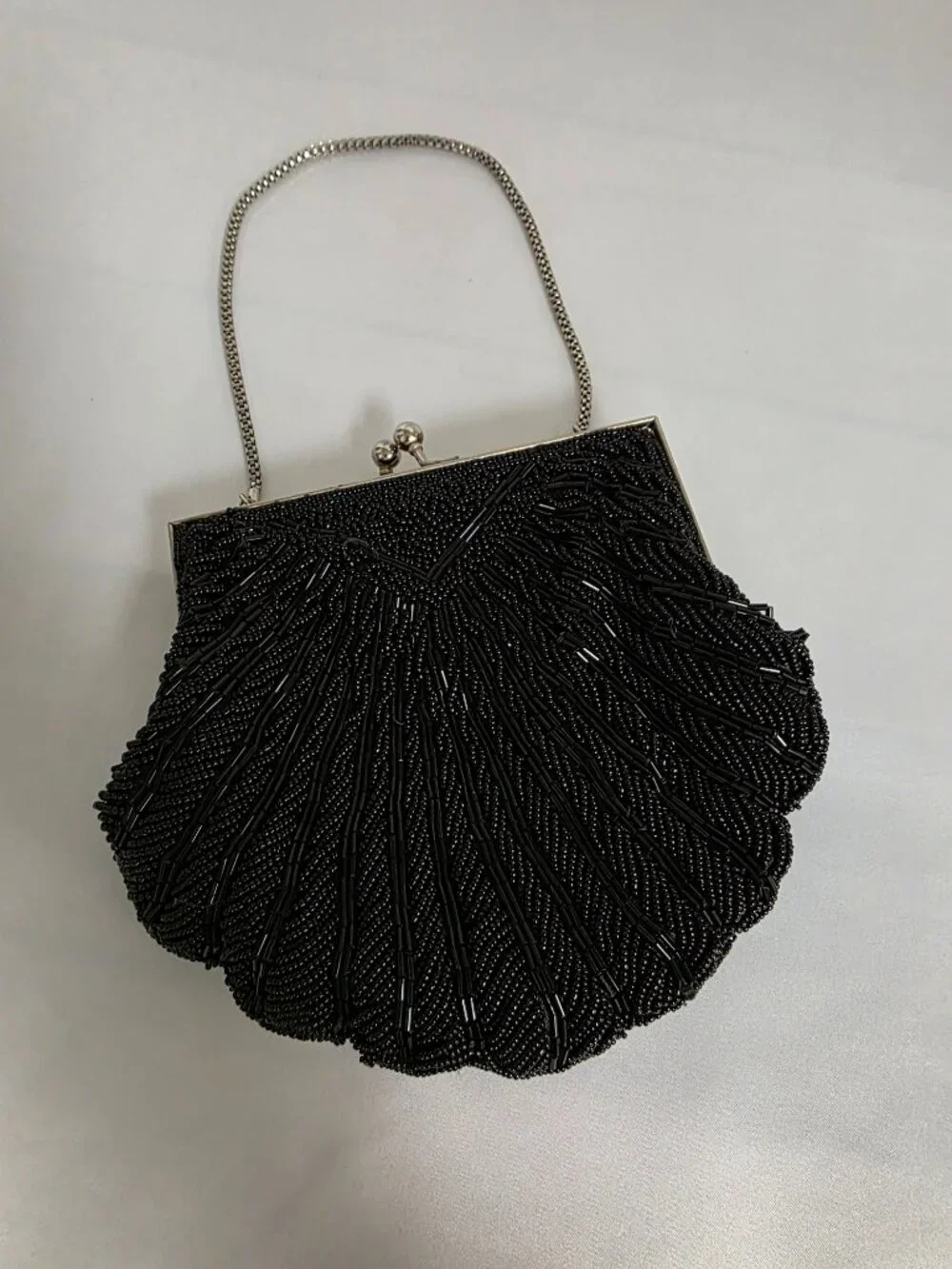 Vintage Walborg Hong Kong Black Beaded Fan Clasp Evening Bag Flapper Art Deco